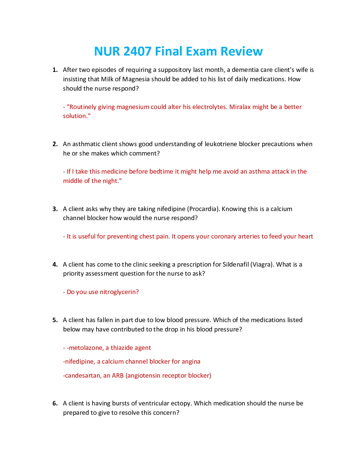 Preview image for NUR 2407 / NUR2407 Final Exam: Pharmacology Final Exam Review (Latest 2021/2022) Rasmussen